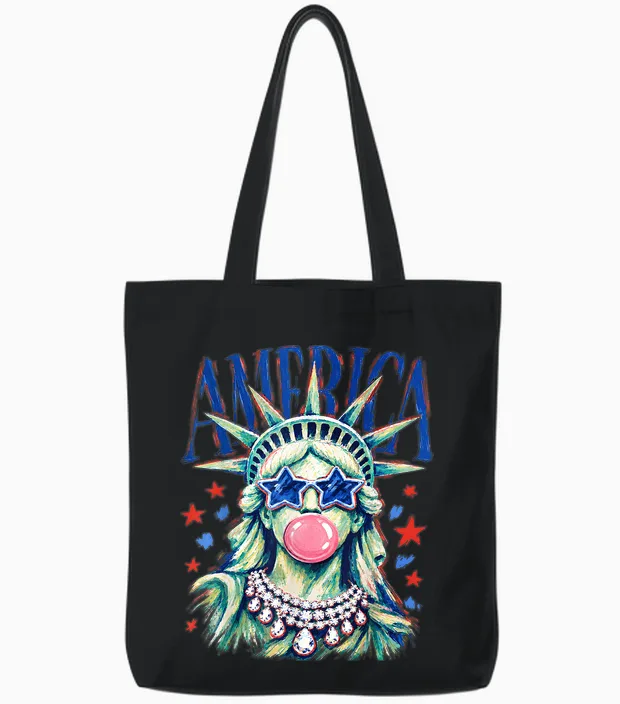 Brushstroke Statue of Liberty Blowing Bubble Gum 4th of July Tote Bags in Black