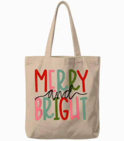 Merry and Bright Christmas Women Girls Kids Toddlers Cute Tote Bags - Natural