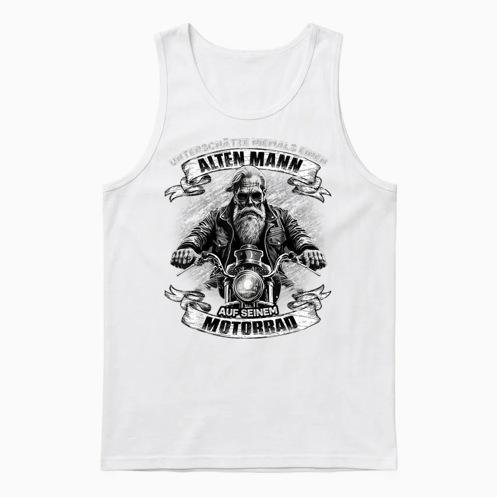 Never Underestimate an Old Man on His Motorcycle T-Shirt, Black Unisex Tank Top in White