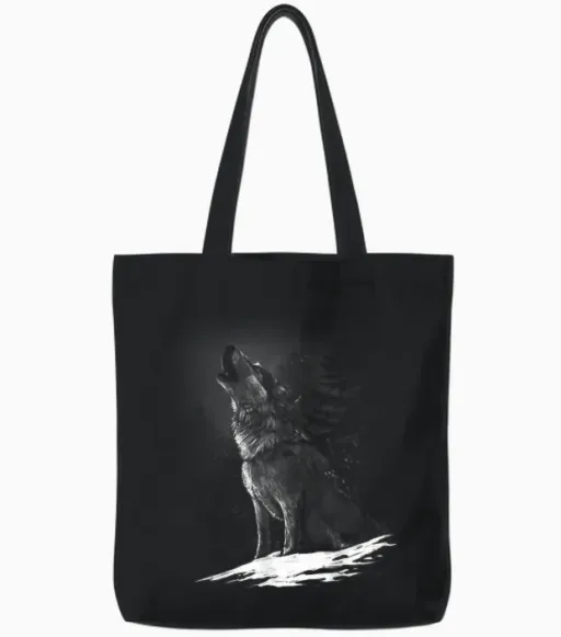 Howling Wolf Motif Women's Men's Kids Girls Boys T-Shirt, Black Tote Bags in Black