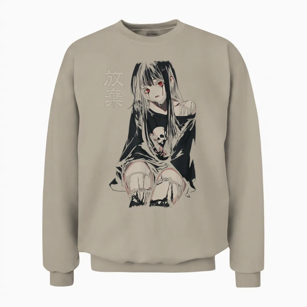 Anime Horror Girl Aesthetic Soft Grunge Waifu Japanese Girl T-Shirt, Black, S Unisex Sweatshirt in Sand