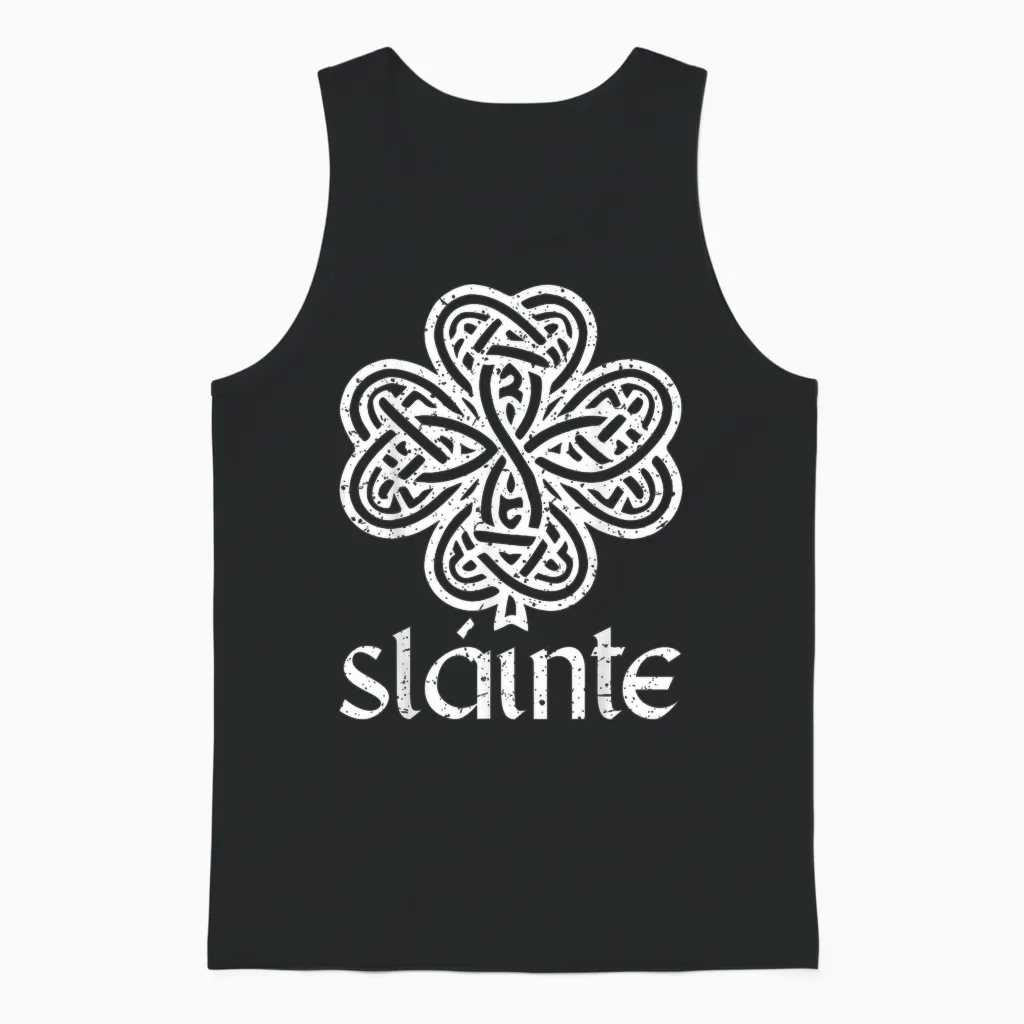 Slainte Clover St Patrick's Day T Celtic Knot Clover Green T-Shirt, Green Unisex Tank Top in Black
