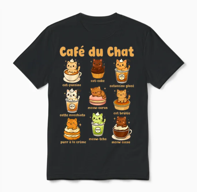 Café Du Chat Cute Cats Coffee Pun Kawaii Drink Art Unisex T-Shirt in Black