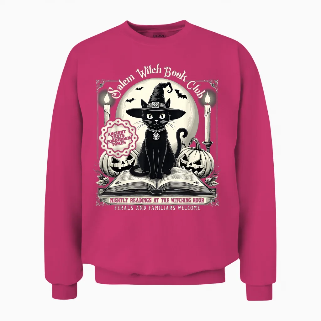 Salem Witch Book Club Vintage Halloween Cat Noir Book Lover Unisex Sweatshirt in Heliconia