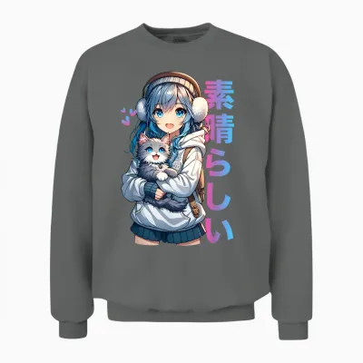 Cute Anime Girl with Cat for Cat Lover Kawaii Otaku Manga Unisex Sweatshirt - Graphite Heather