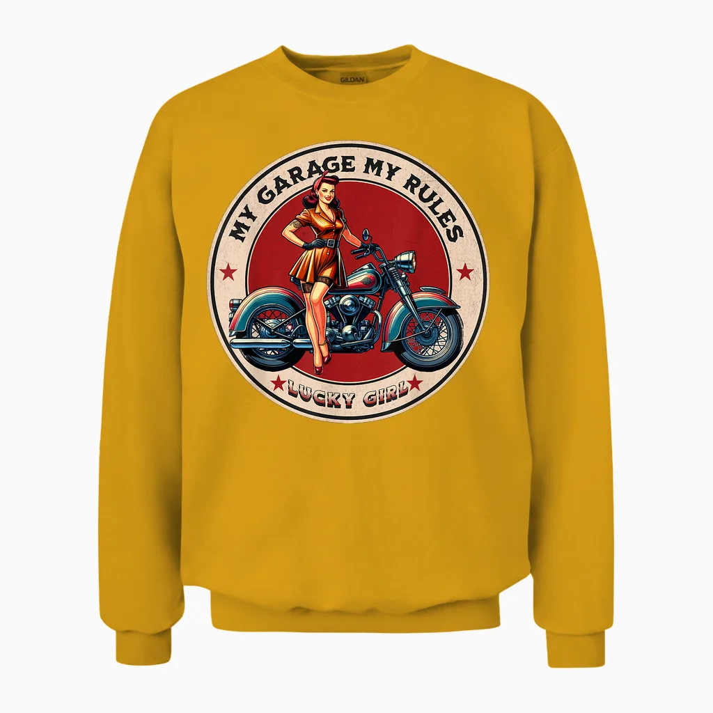 Garage Pinup Girl Moto Pour Homme Et Femme Unisex Sweatshirt in Gold