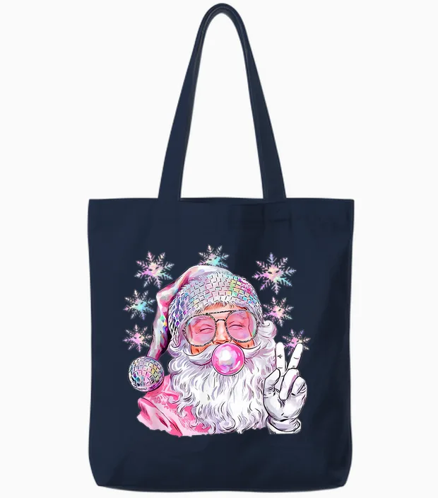 Vintage Retro Santa Christmas Pink Sunglasses Bubble Gum Tote Bags in Navy