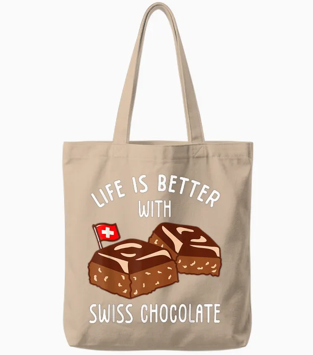 Life Is Better with Swiss Chocolate T-Shirt, Black, S Tote Bags in Natural