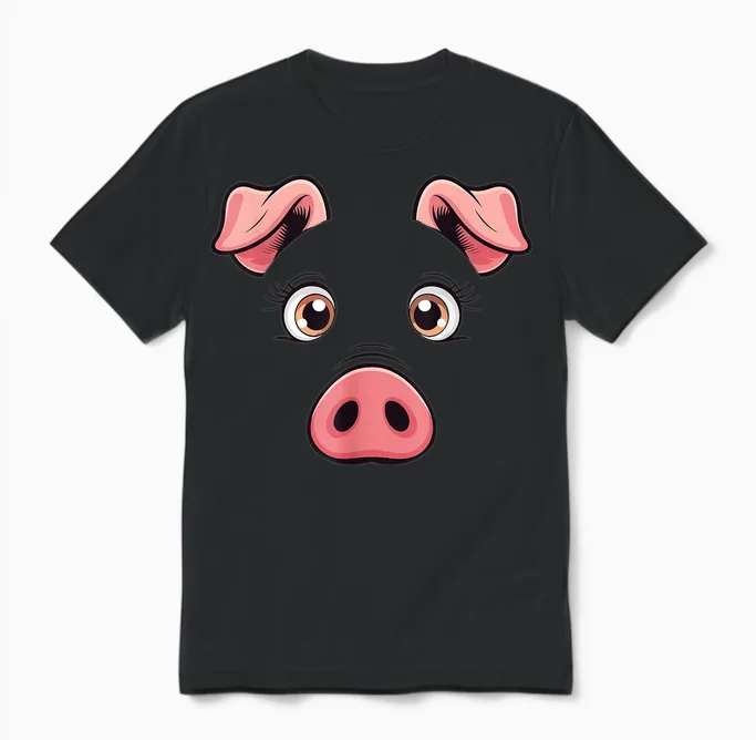 Pink Pig Face Costume for Adults, Children, Men and Women Unisex T-Shirt in Black