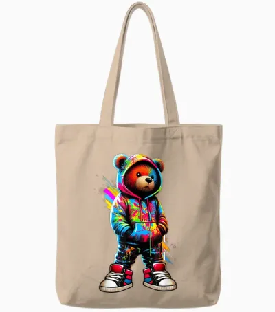 Colorful Hip Hop Teddy Bear Urban Rap Music Breakdance T-Shirt, Black, S Tote Bags - Natural