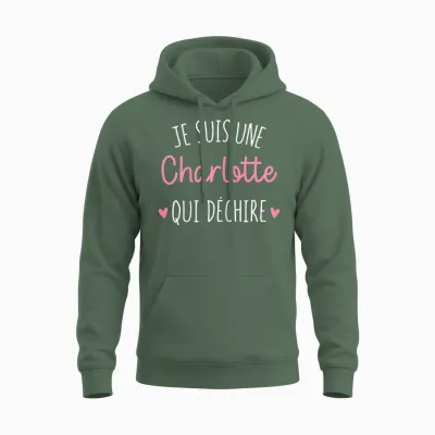 Personalised Women's Gift Name Charlotte Qui Déchire T-Shirt, Black, Female X-Small Unisex Hoodie - Military Green