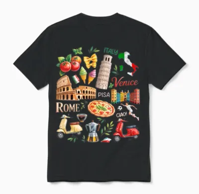 Rome Venice Pisa Italy Souvenir Soccer Pizza Unisex T-Shirt - Black