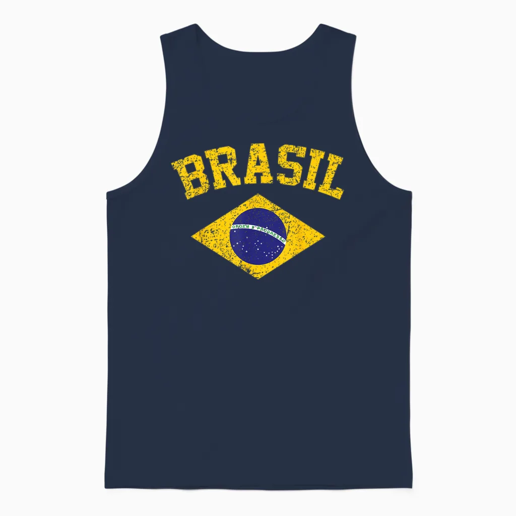 Brazilian National Flag Vintage Patriotic Football Brazil Unisex Tank Top in Navy