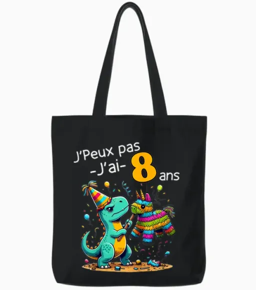 Child Je Peux Pas Je Ai 8 Ans Dinosaur Theme Birthday Pinata T-Shirt, Grey, 2 Tote Bags - Black