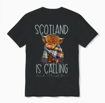 Scotland Calls and I Must Go! Highland Cow T-Shirt, Black Unisex T-Shirt - Black