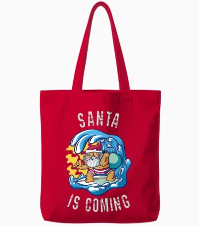 Santa Is Coming by Surfboard Tote Bags - Red