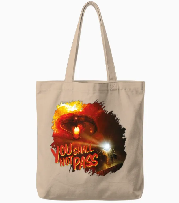 The Lord of the Rings Gandalf and the Balrog Quote Tote Bags in Natural