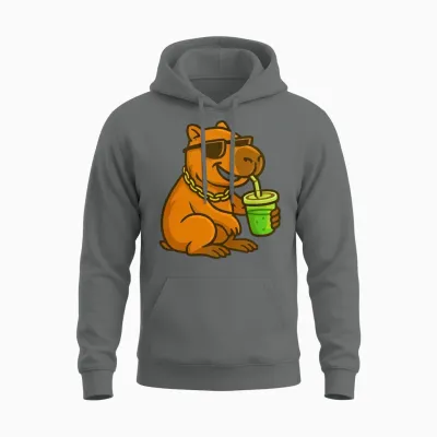 Cool Capybara Drinking Juice Cartoon Unisex Hoodie - Graphite Heather