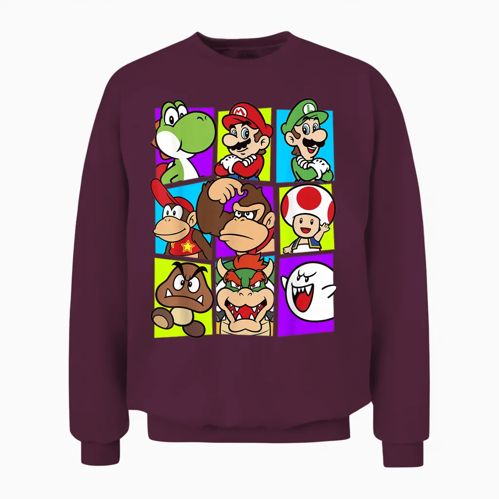 Super Mario Yoshi Luigi Bowser & Gang Box-Up Graphic Unisex Sweatshirt in Maroon