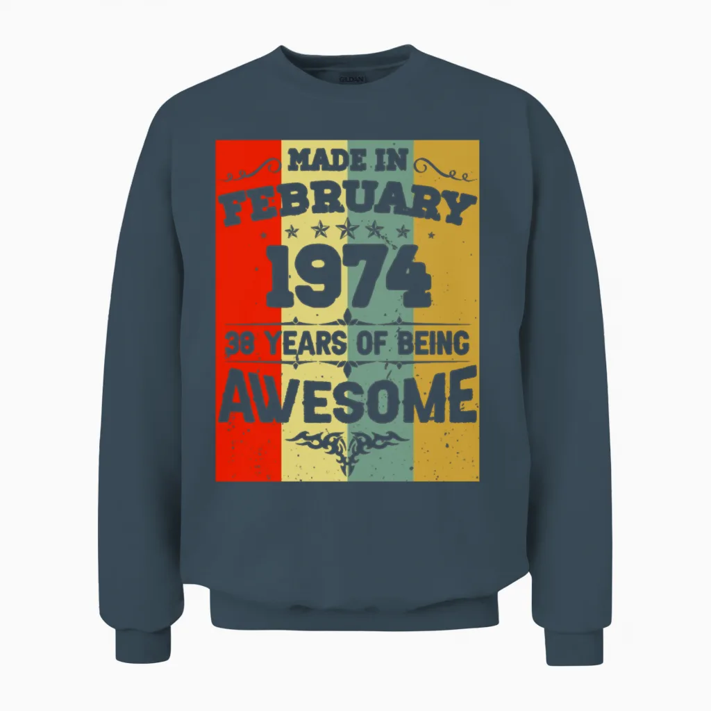 February 1974 Vintage Birthday Present Unisex Sweatshirt in Dark Heather