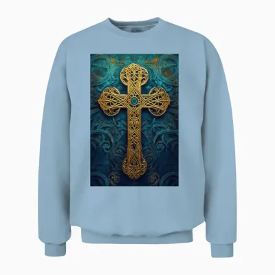 Ornate Golden Celtic Cross Unisex Sweatshirt - Light Blue