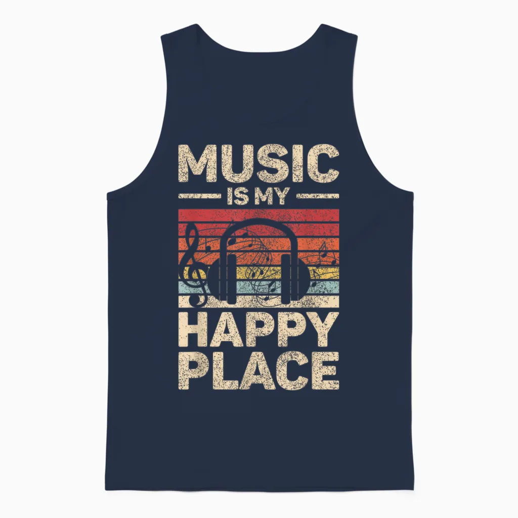 Music Is My Happy Place Musician Outfit Edm Music Lovers Dj Unisex Tank Top in Navy