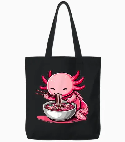Funny Axolotl Noodle Gifts Anime Kawaii Axolotl Eating Ramen Noodles Unisex Kids Teen Adult T-Shirt Black Small Tote Bags - Black