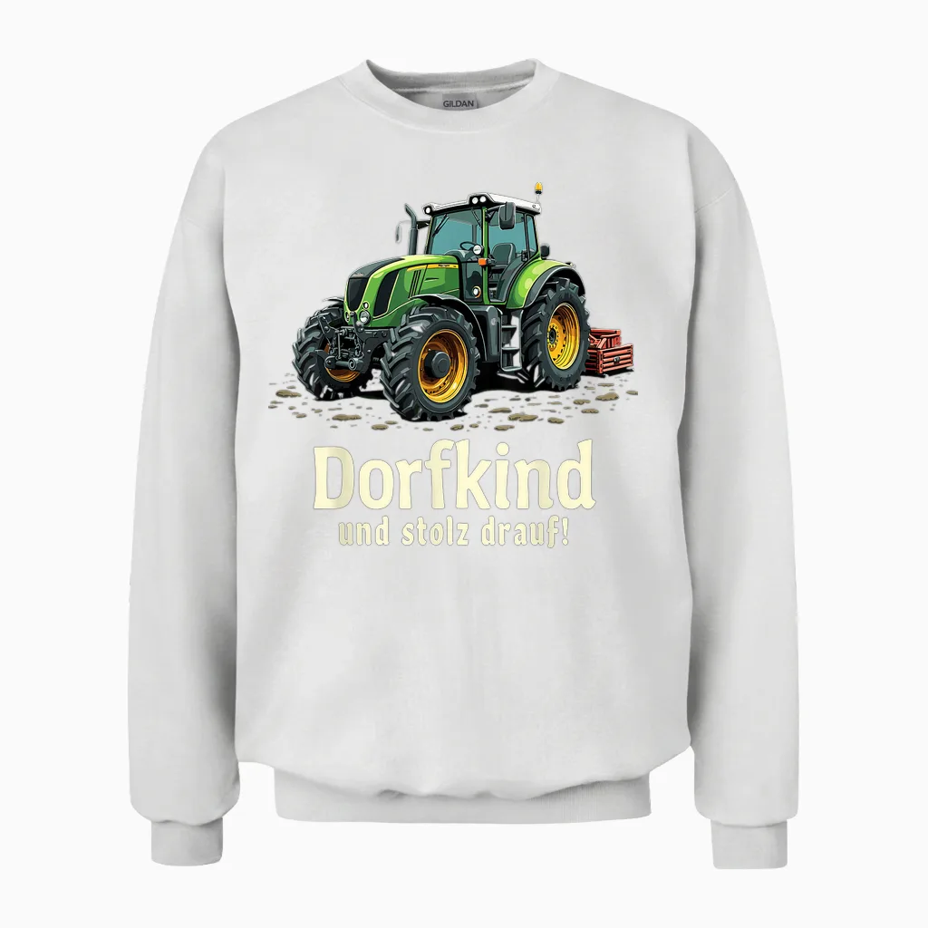 Dorfkind Und Stolz Drauf Farmer Tractor Saying T-Shirt, Black Unisex Sweatshirt in White