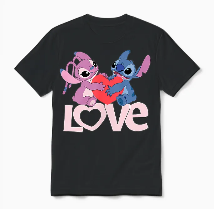 Amazon Essentials Stitch and Angel Love Valentine's Day Unisex T-Shirt in Black
