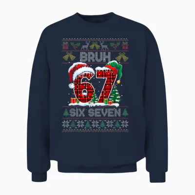 67 Bruh Meme Six Seven Christmas Ugly Sweater Kids Boys Unisex Sweatshirt - Navy