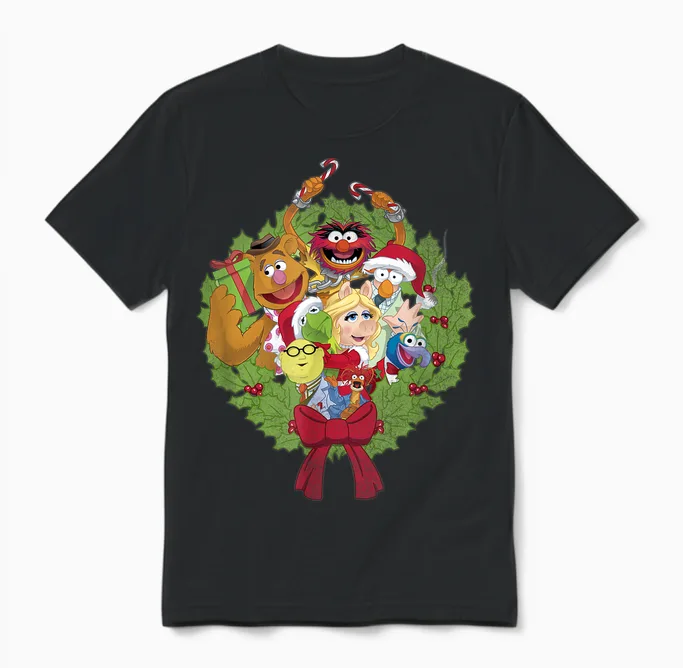 Disney the Muppets Christmas Muppet Group Wreath Unisex T-Shirt in Black