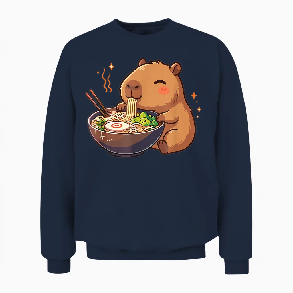 Capybara with Noodles Ramen Kawaii Capybara Unisex Sweatshirt in Navy