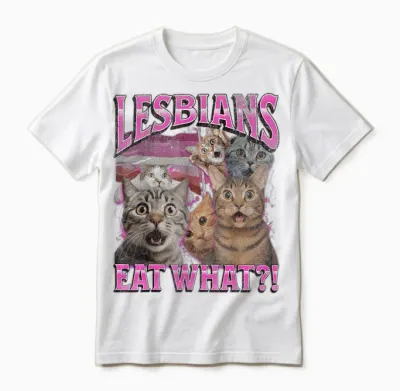 Lesbians What Do You Eat? Funny Cat Gay Pride Lgbtq Pun Bootleg T-Shirt, Black, S Unisex T-Shirt - White
