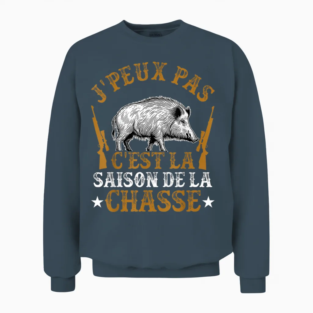 Hunter Humour Boar J'peux Pas C'est La Saison Hunting T-Shirt, Black, S Unisex Sweatshirt in Dark Heather