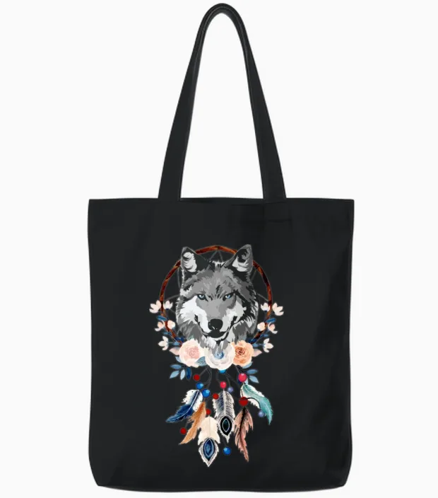Beautiful Dreamcatcher Women Girls Wolf Feathers Tote Bags in Black