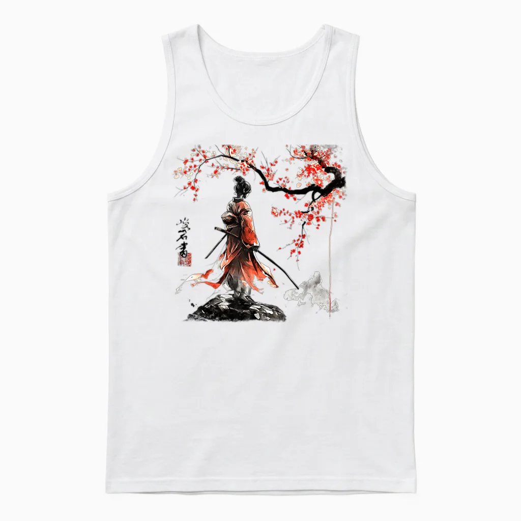 Geisha Samurai Girl Cherry Blossom Fighter Ninja Martial Art T-Shirt, Gray Unisex Tank Top in White