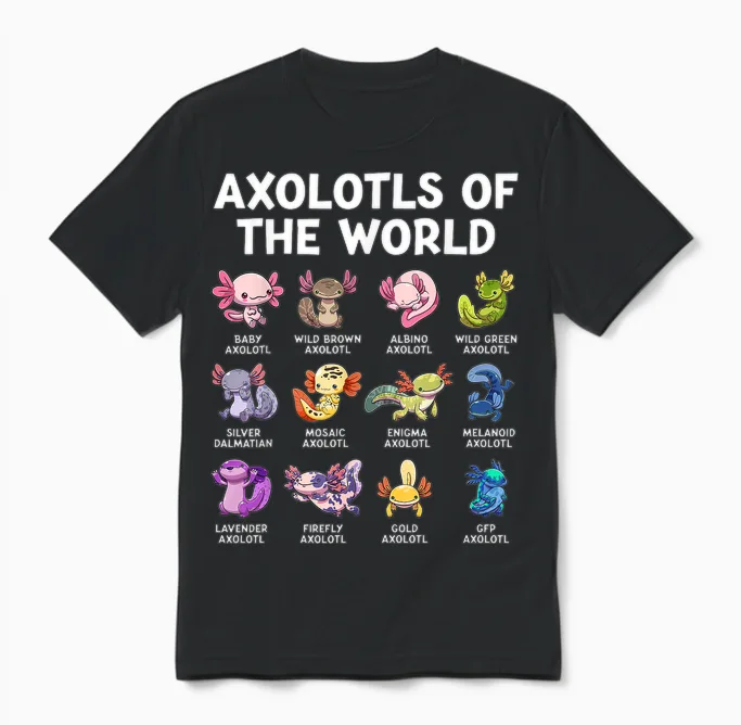 Axolotls the World Kawaii Species of Axolotl Fish Amphibian T-Shirt, Black Unisex T-Shirt in Black