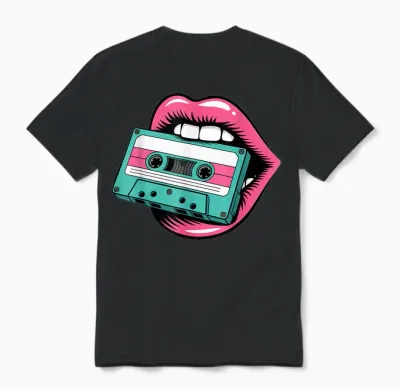 Nostalgic Vibes of the 80s and 90s: Vibrant Lips, Cassette Unisex T-Shirt - Black
