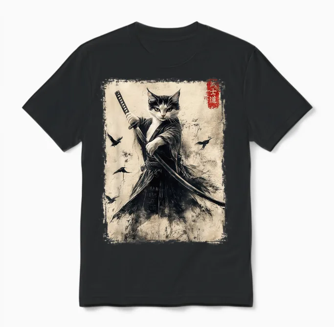 Samurai Cat Graphic Tee Warrior Vintage Japanese Art Anime Unisex T-Shirt in Black