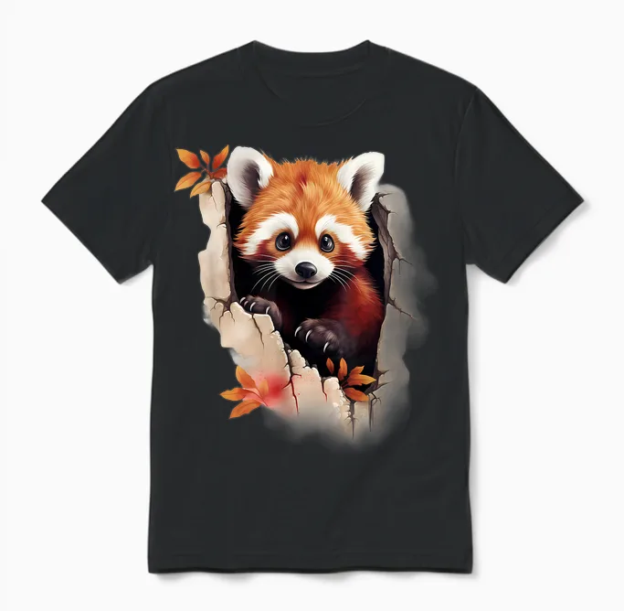Animal Lovers Red Panda T-Shirt Wall Art, Black Unisex T-Shirt in Black
