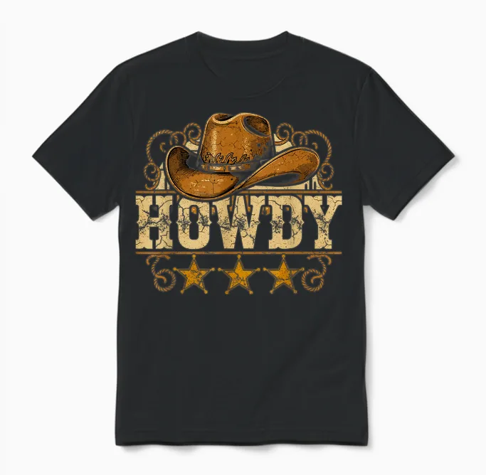 Cowboy Hat Western Country Howdy Cowboy Unisex T-Shirt in Black