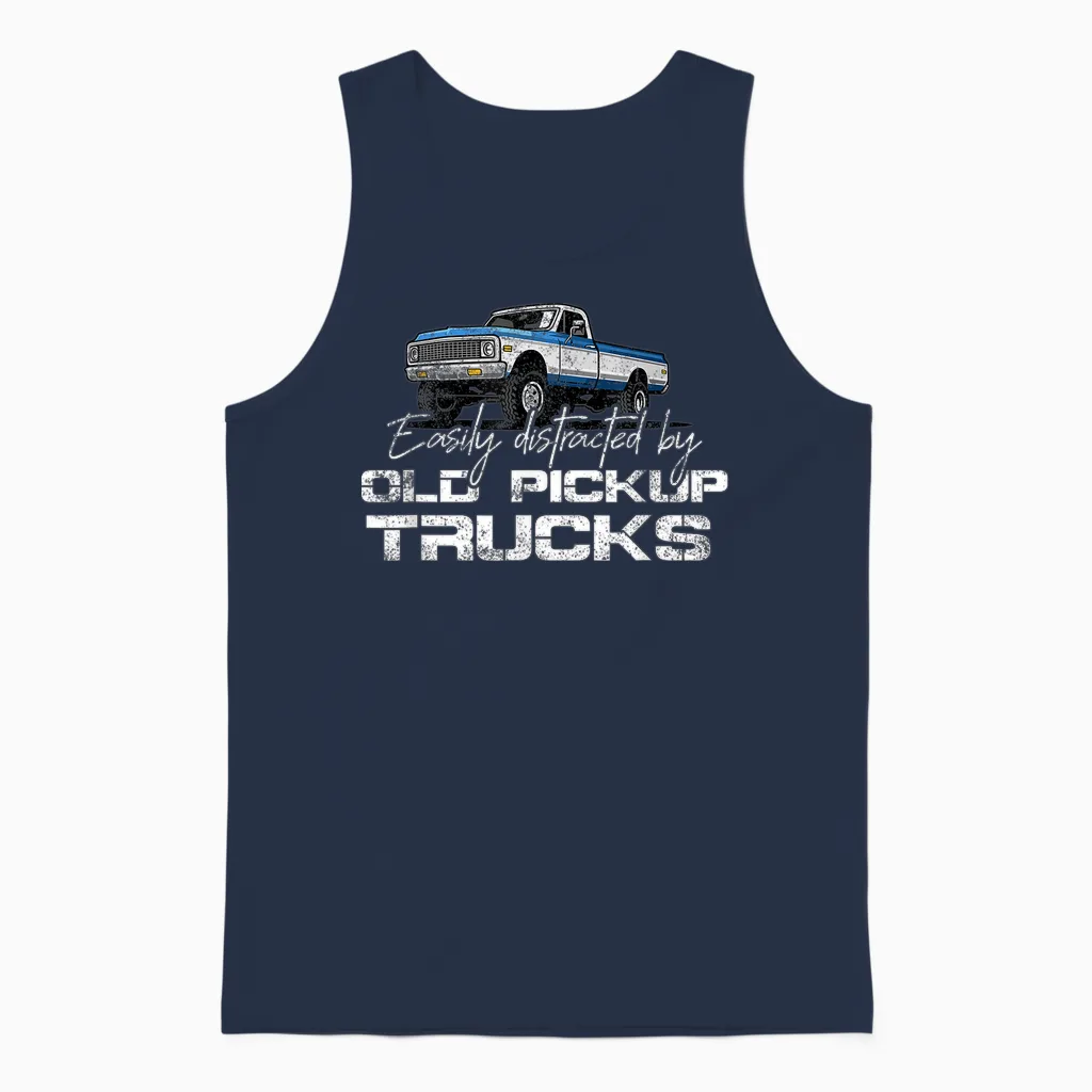 Easily Distracted by Old Pickup Trucks Shirt for Men Retro Unisex Tank Top in Navy