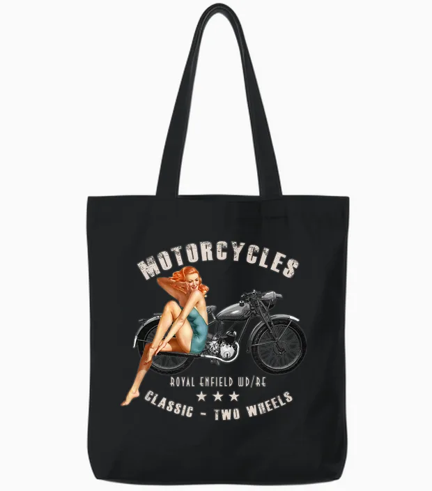 Pin Up Mädchen Royal Enfield Wdre Vintage Motorrad Ww2 Tote Bags in Black