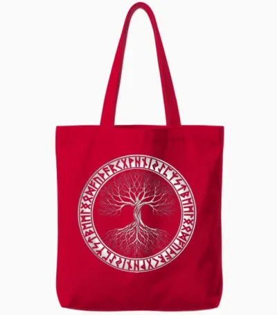 Nordic Tree of Life Yggdrasil Circle of Runes Viking Tote Bags - Red