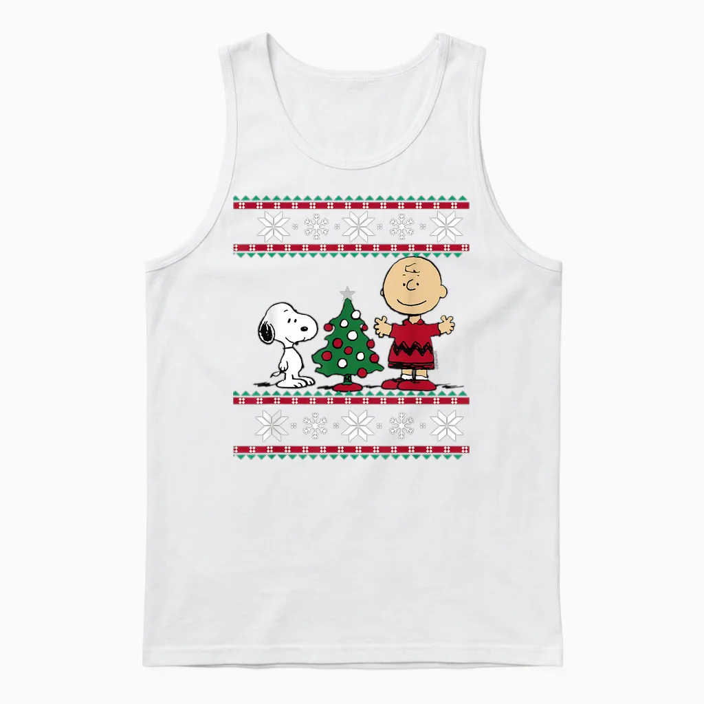 Peanuts Snoopy and Charlie Christmas Tree Short Sleeve T-Shirt Blue Unisex Tank Top in White