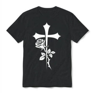 Cross with Rose Illustration Unisex T-Shirt - Black