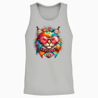 Psychedelic Cat Peace Colorful Hippie Retro Groovy Vibes T-Shirt, Black, S Unisex Tank Top - Ash