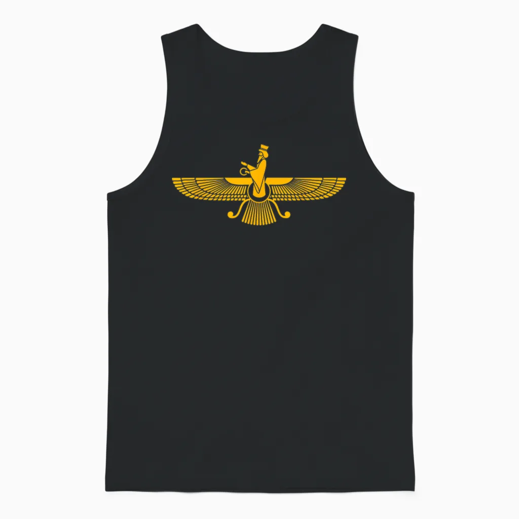 Faravahar Zarathustra Spiritual Symbols Iranian T-Shirt, Black Unisex Tank Top in Black