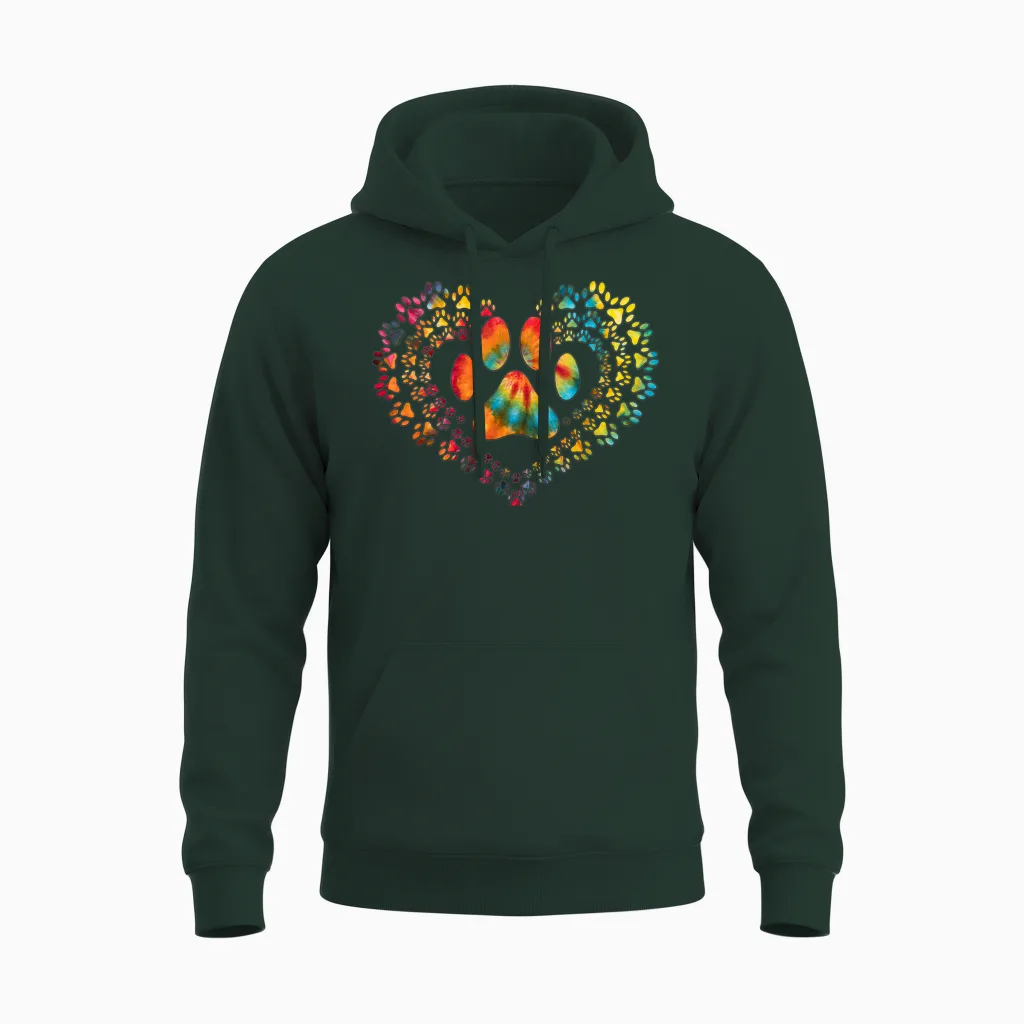 Tie Dye Love Dog Paw Print Heart Animal Lover Unisex Hoodie in Forest
