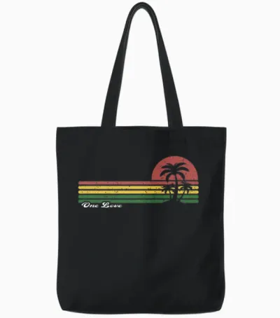 One Love Reggae Rasta Vintage Sunset Palm Trees Island Tote Bags - Black